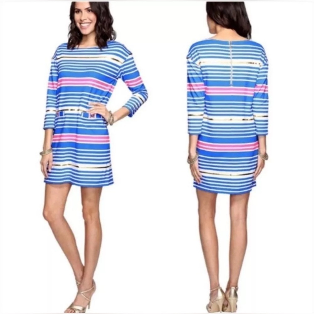 Lilly Pulitzer Lena Dress in Lapis Blue Tiki Stripe Sz Medium 3/4 Length Sleeve
